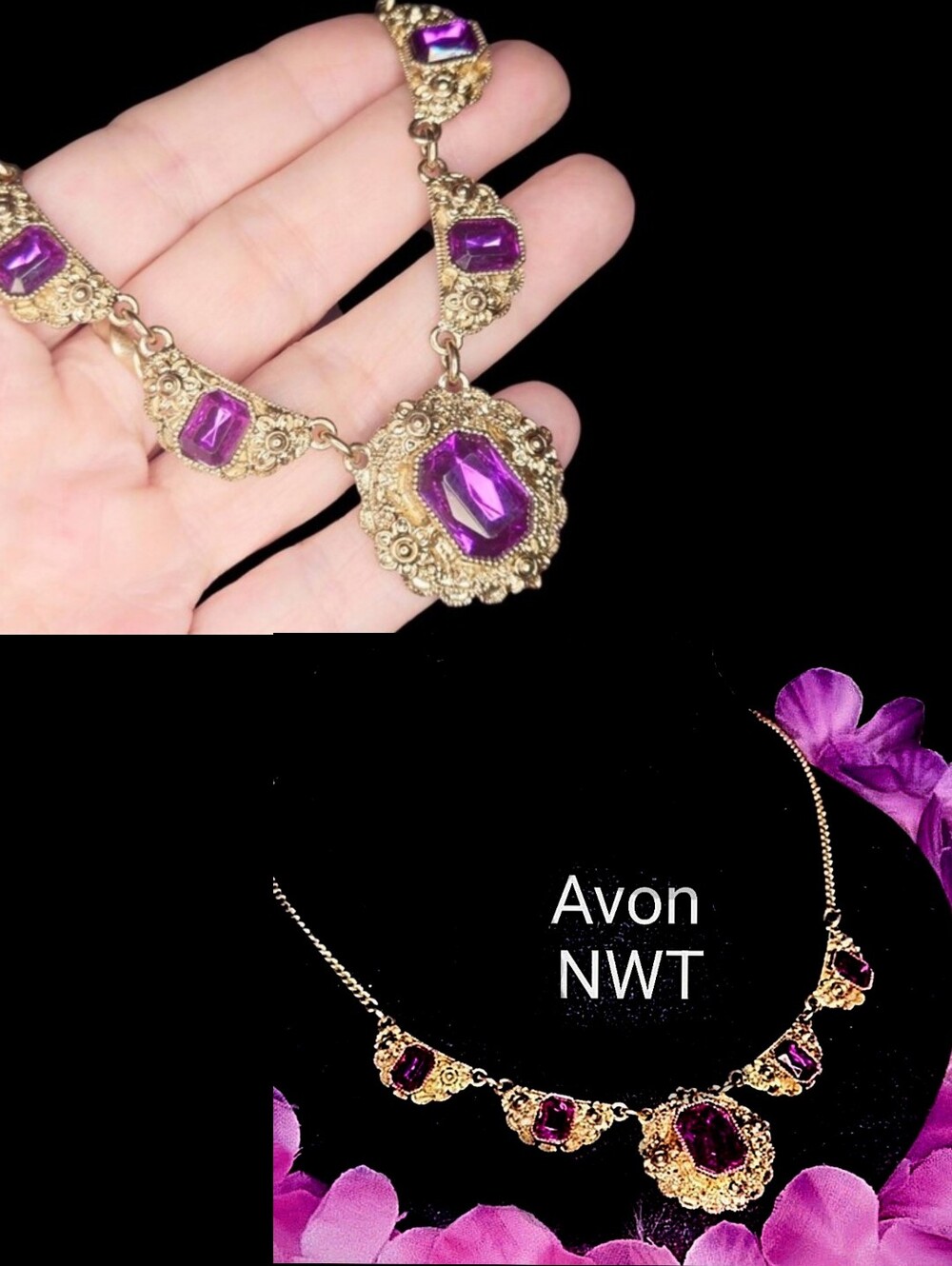 Vintage style Avon NWT Purple Amethyst Glass Festoon Statement Necklace